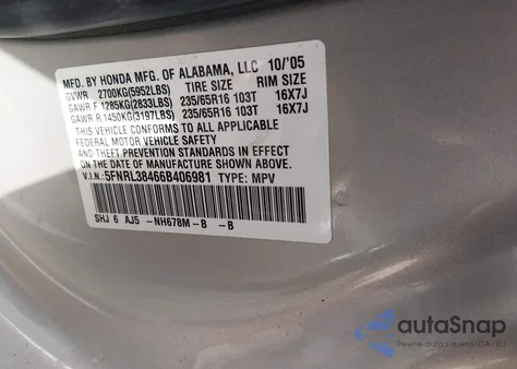 2006 Honda Odyssey Ex from USA, damaged, VIN 5FNRL38466B406981